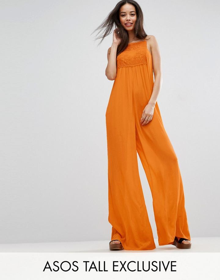 Asos Tall Lace Panel Cheesecloth Wide Leg Jumpsuit - Orange
