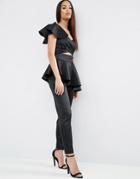 Asos Jumpsuit With One Shoulder Ruffle Detail - Black