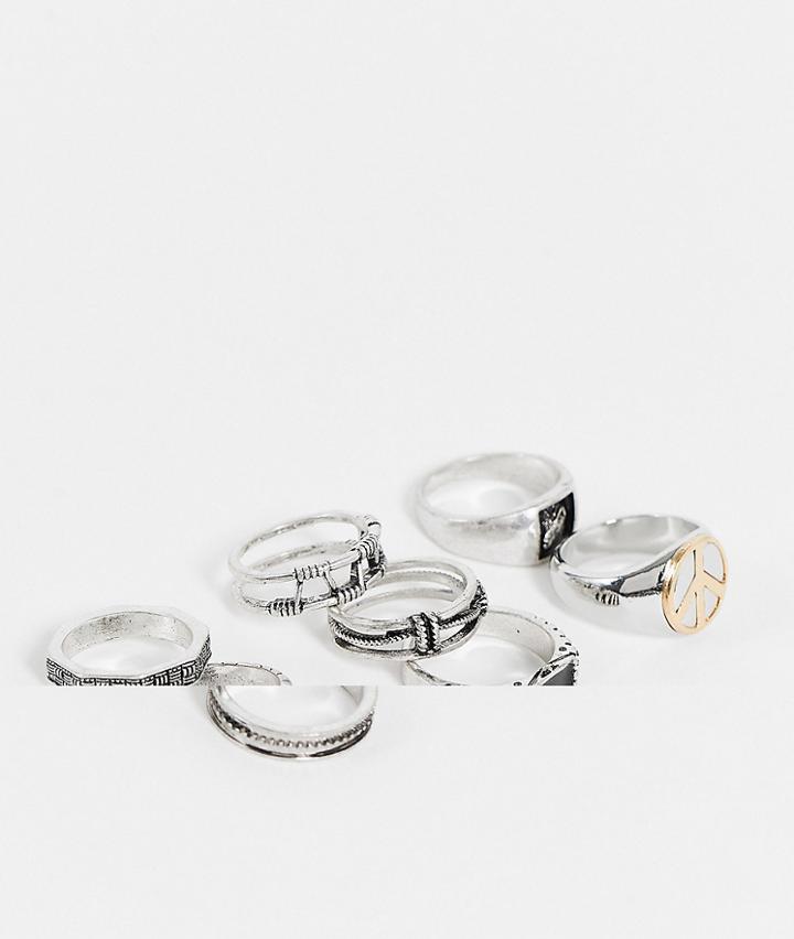 Asos Design 8-pack Mixed Ring Set With Embossing And Peace Sign In Burnished Silver