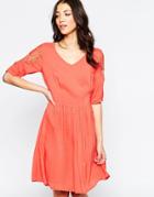 Lavand Skater Dress With Lace Sleeves And Lace Back Detail - Orange