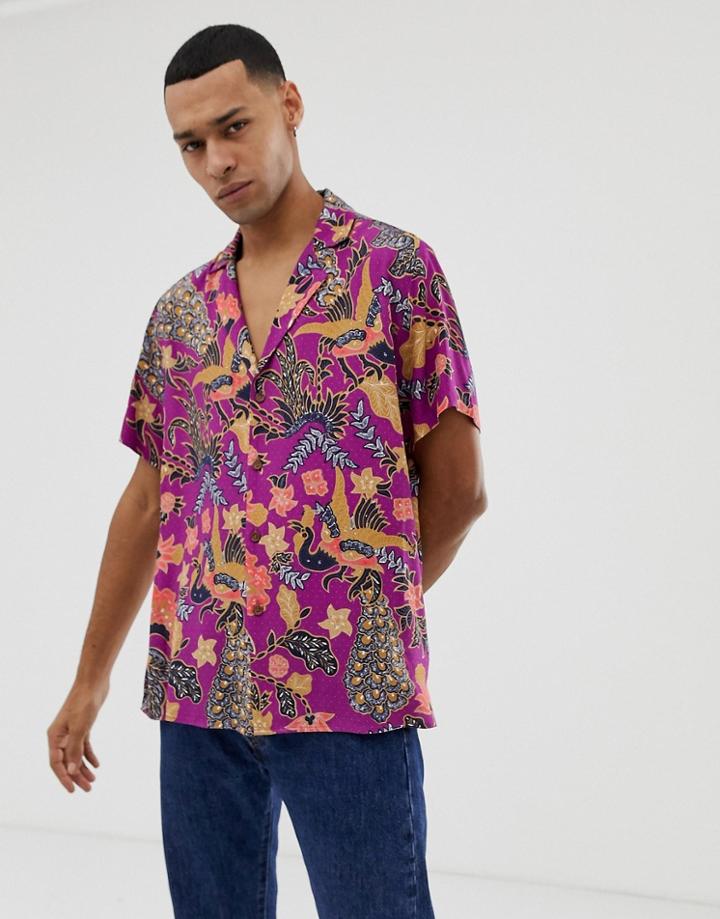 Asos Design Regular Fit Paisley Shirt With Deep Revere Collar In Purple