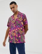 Asos Design Regular Fit Paisley Shirt With Deep Revere Collar In Purple
