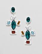 Asos Design Earrings In Cross Design With Multicolor Jewels In White - White