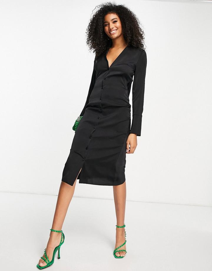 Asos Design Satin Shirt Midi Dress With Cowl Back Detail-black