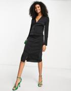 Asos Design Satin Shirt Midi Dress With Cowl Back Detail-black