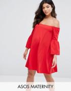 Asos Maternity Off Shoulder Bell Sleeve Dress - Red
