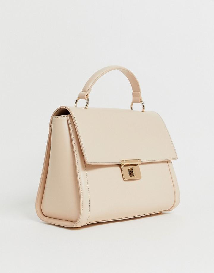 Asos Design Clean Structured Tote Bag With Plate Detail - Cream