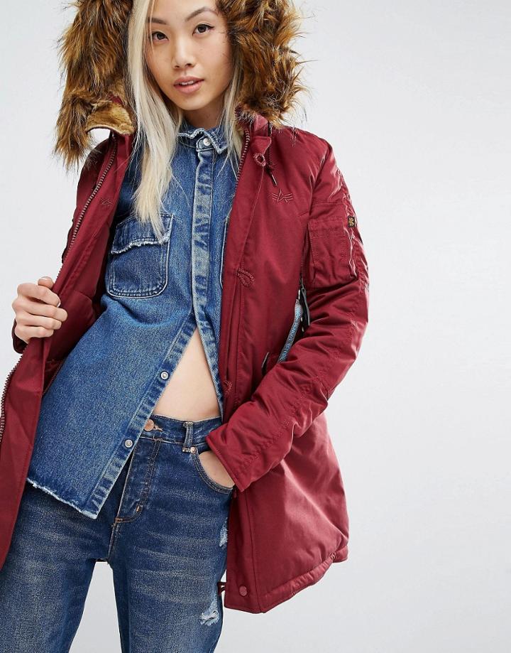 Alpha Industries Explorer Parka Coat With Faux Fur Hood - Red