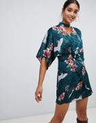 Liquorish Kimono Floral And Bird Print Mini Dress With Choker Neck And Twist Front - Green