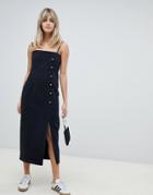 Asos Design Button Side Midi Denim Dress In Washed Black - Black