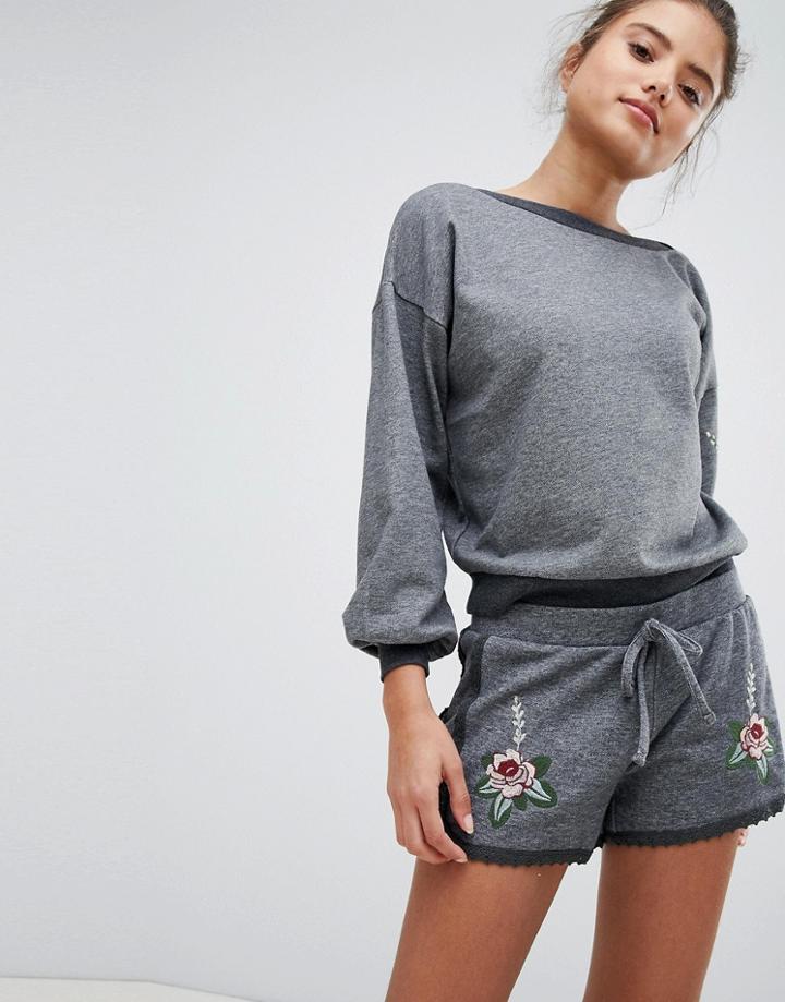 Hunkemoller Knits And Pleats Embroidered Shorts - Gray
