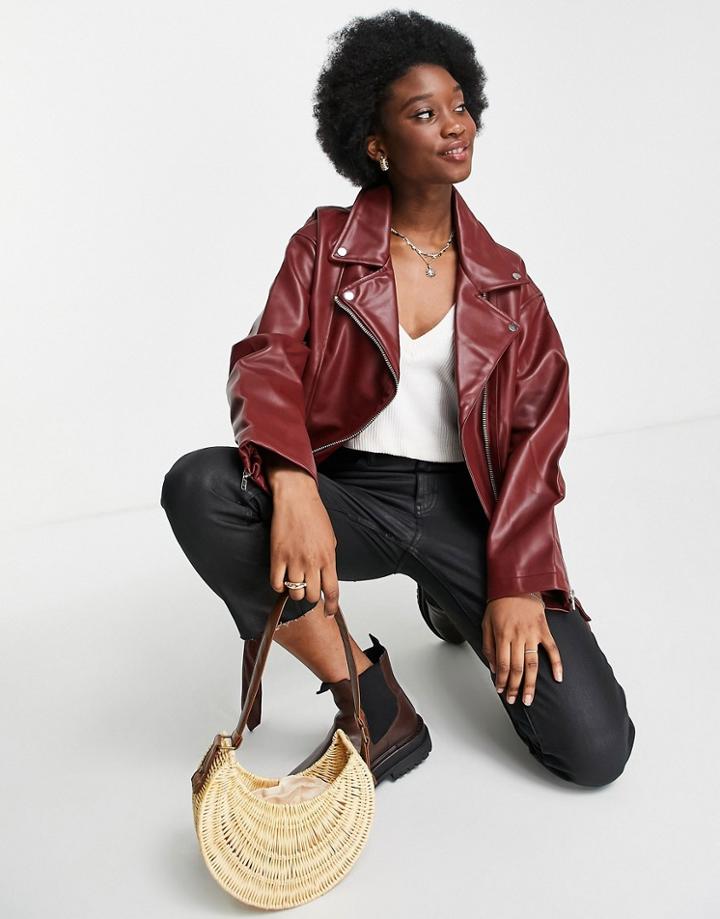 Asos Design Longline Oversized Leather Look Biker Jacket In Oxblood-neutral