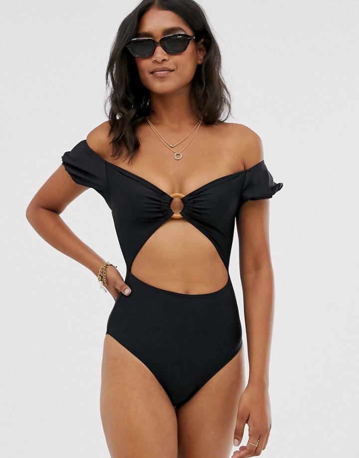 Fashion Union Cut Out Swimsuit With Puff Sleeve In Black - Black