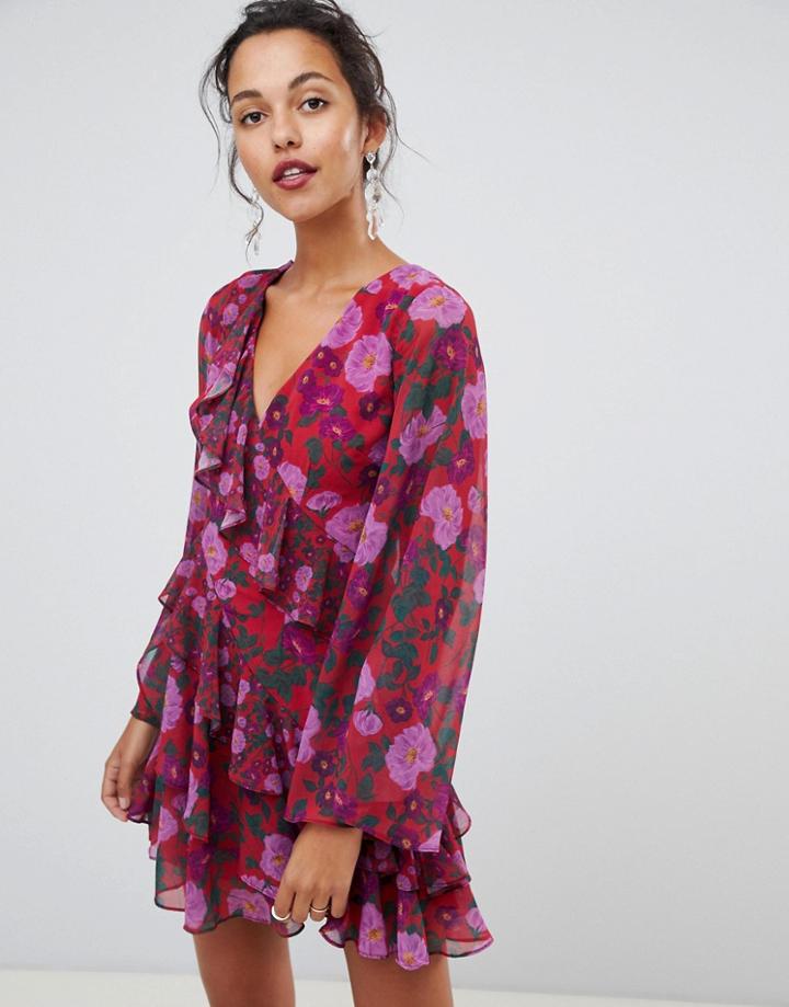 Keepsake Waves Floral Print Ruffle Mini Dress - Pink