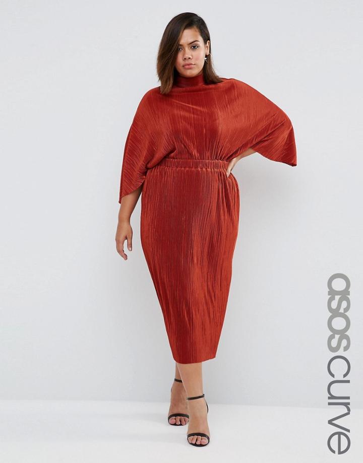 Asos Curve Plisse Dress With High Neck - Orange