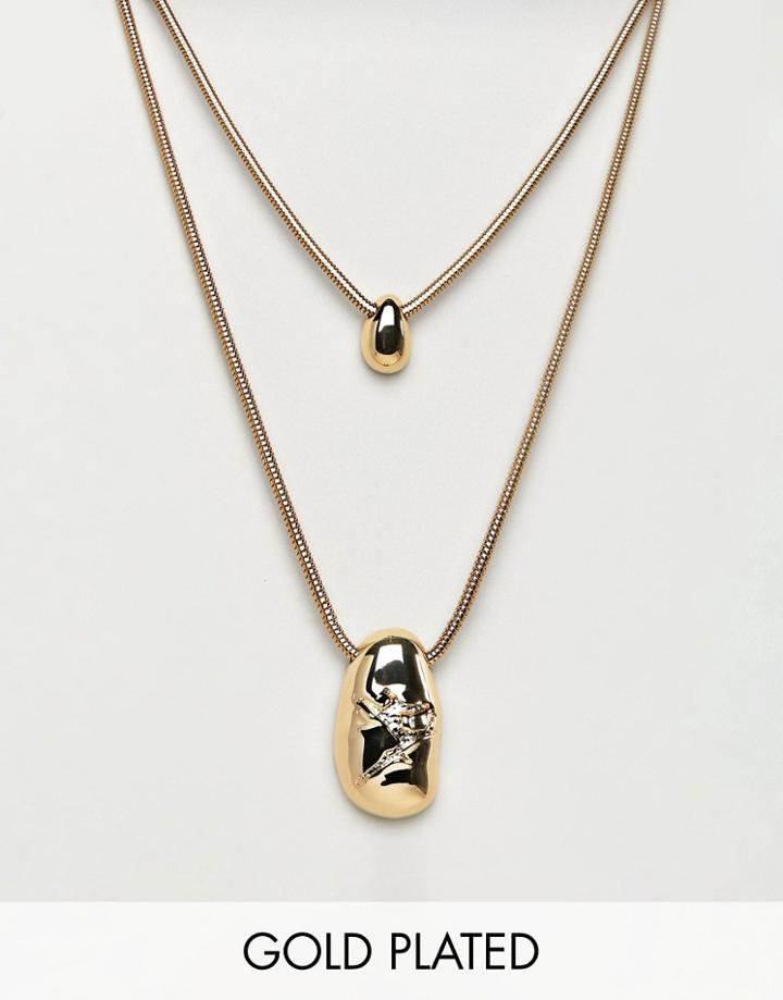 Asos Design Gold Plated Fluid Shape And Crushed Metal Multirow Necklace - Gold