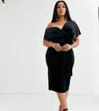Asos Design Curve Velvet Fallen Shoulder Midi Pencil Dress With Tie Detail-black