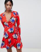 Liquorish Floral Print Wrap Dress-red