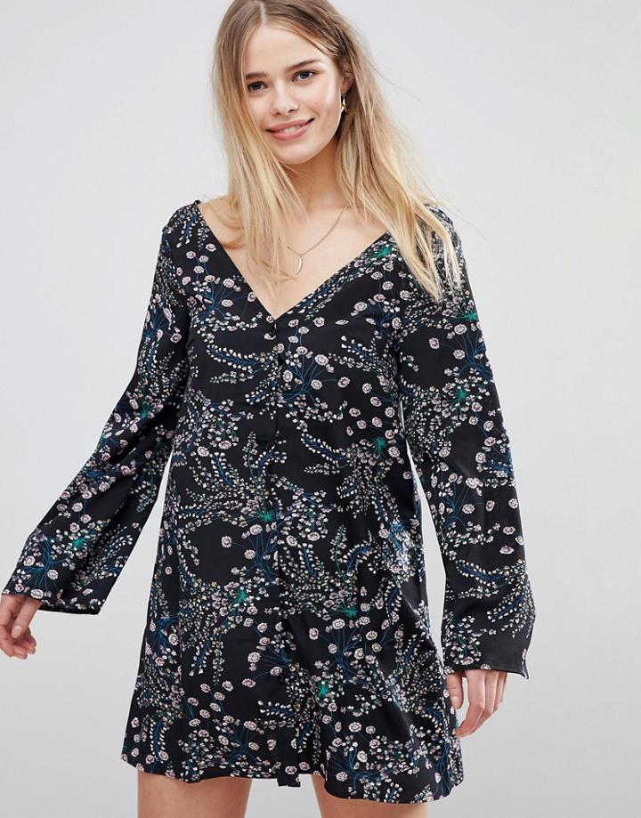 Glamorous Long Sleeve Tea Dress With Button Front In Grunge Floral-black