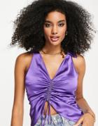 Asos Design Satin Halter Cami With Collar And Ruched Front In Purple-multi