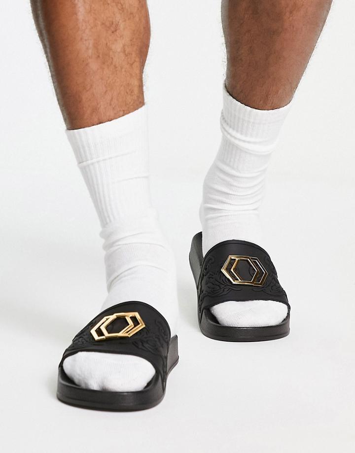 Asos Design Slides In Black With Gold Badge