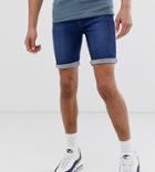 Asos Design Tall Spray On Denim Shorts With Power Stretch In Mid Wash-blue