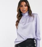 Unique21 Pussy Bow Blouse With Deep Cuffs In Satin - Purple