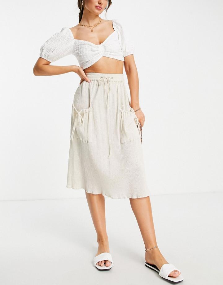 Asos Design Midi Skirt With Drawstring Waist In Natural Crinkle In Stone-blue