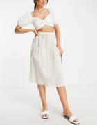 Asos Design Midi Skirt With Drawstring Waist In Natural Crinkle In Stone-blue