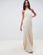 Asos Design High Neck Maxi Dress In Crepe-beige