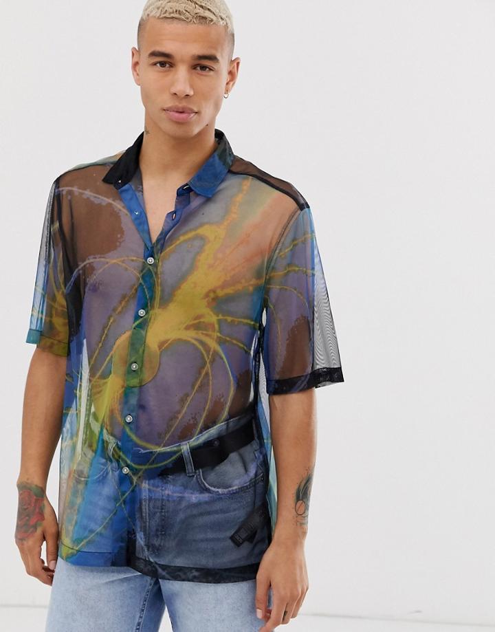 Asos Design Relaxed Mesh Shirt With Space Print-blue