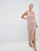 Asos Design One Shoulder Minimal Rib Mesh Maxi Dress-pink
