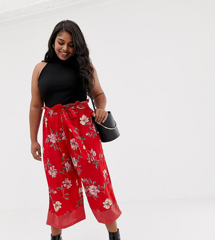 Influence Plus Wide Leg Floral And Polka Dot Pants With Tie Waist - Red