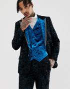 Asos Edition Slim Tuxedo Jacket In Teal Burnout Velvet - Blue