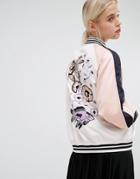 Monki Embroidered Back Bomber Jacket - Pink