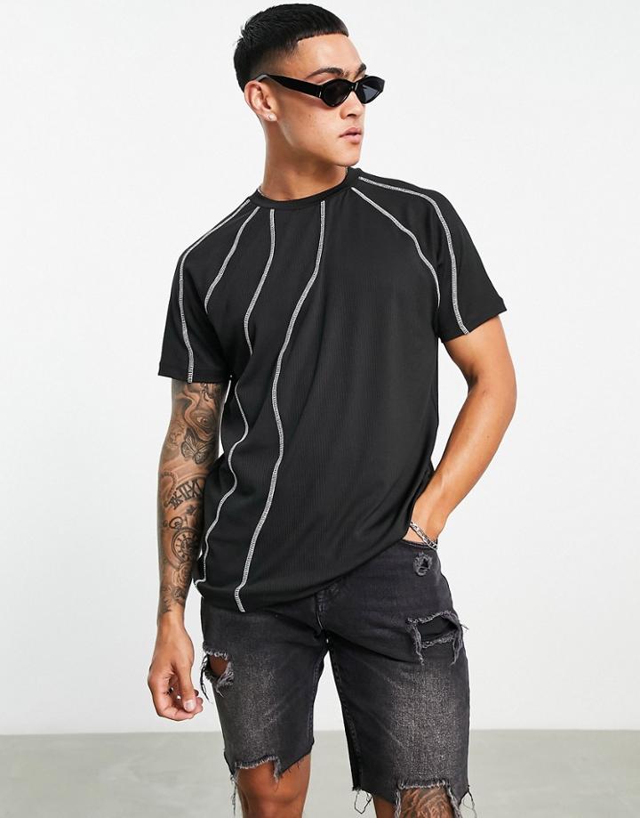 Asos Design Rib T-shirt In Black With White Contrast Stitching