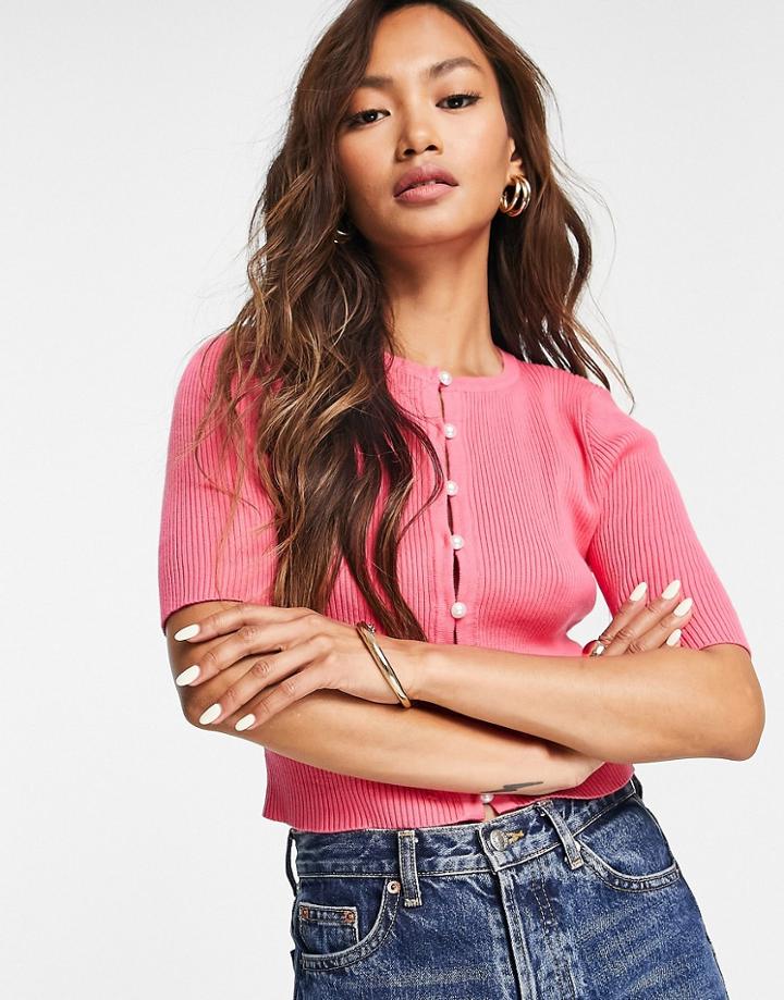 Glamorous Button Front Cropped Cardigan In Pink Rib - Part Of A Set