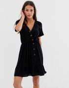 Asos Design Wrap Front Button Through Pep Hem Mini Dress - Black