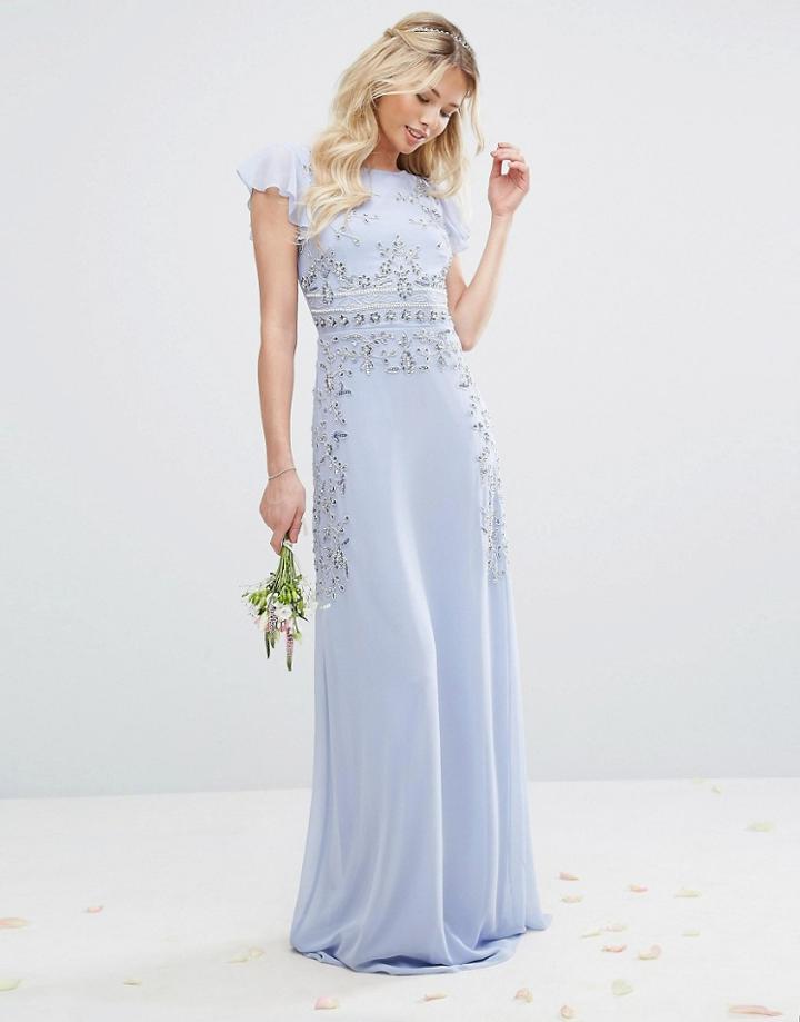 Maya Maxi Dress With Frill Sleeve And Placement Embellishment - Blue
