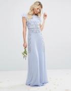Maya Maxi Dress With Frill Sleeve And Placement Embellishment - Blue
