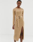 Asos Design Belted Knit Midi Dress With Split - Stone