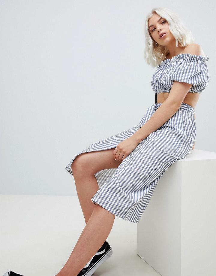 Pull & Bear Button Detail Midi Skirt In Stripe - Multi