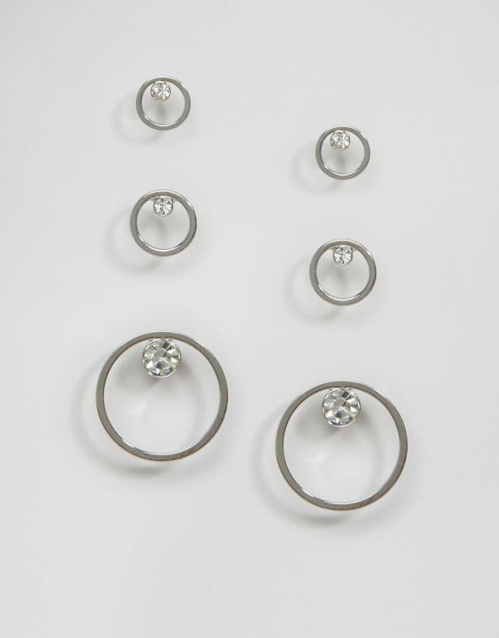 Monki 3 Pack Rhinestone Disc Earrings - Silver