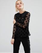Fashion Union Sheer Spot Shirt With Tie Up Collar - Black