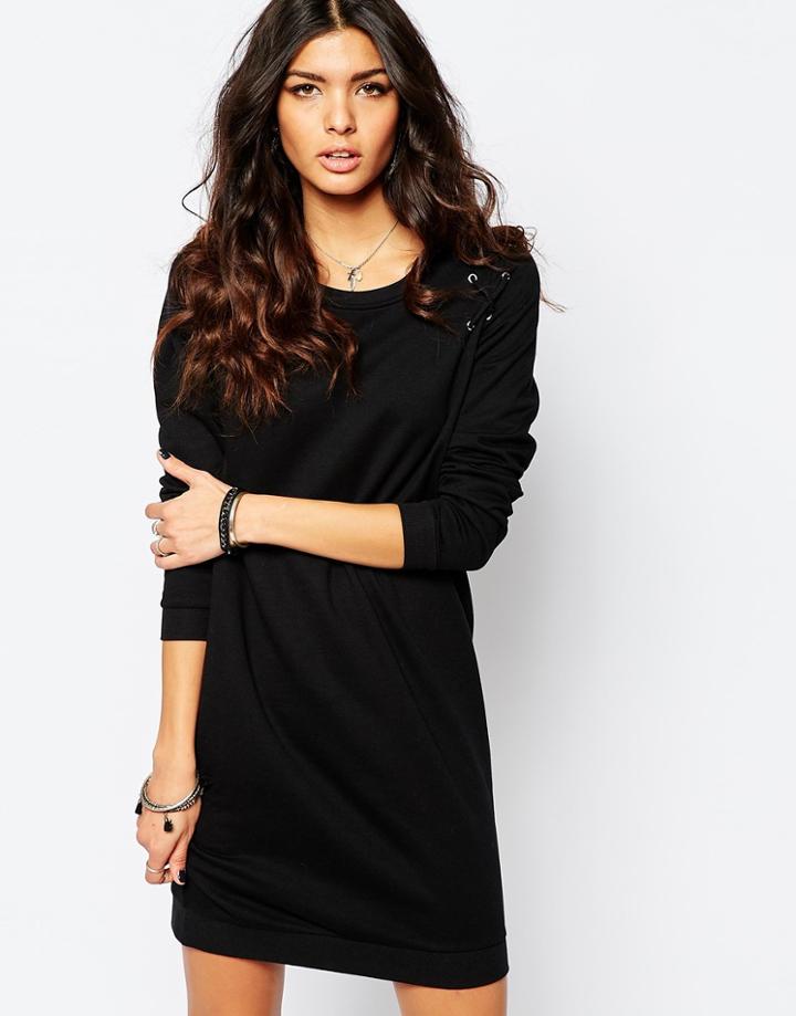Noisy May Lace Up Shoulder Sweat Dress - Black