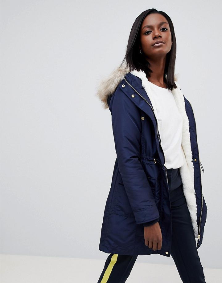 Oasis Faux Fir Trim Hooded Parka - Navy