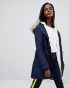 Oasis Faux Fir Trim Hooded Parka - Navy
