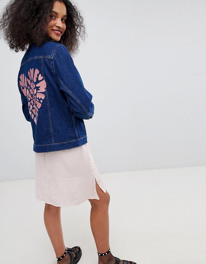 Monki Embroidered Denim Jacket - Blue