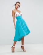 Asos Midi Tulle Skirt With Button Back Detail - Blue