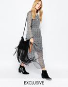 Spritual Hippie Maxi Dress With Long Sleeves In Geo Print - Blue